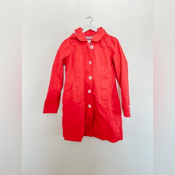 Hatley Jackets & Blazers - “Hatley”Red Trench Coat - Detachable Hood - Zip Front - Stripped Lining - Size 8